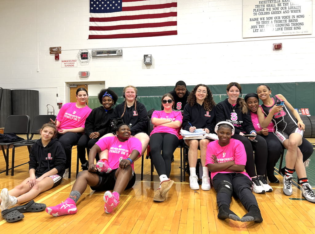 The SCSD Girls Wrestling team before their last match of the regular season. © Kyra Ceryanek 2025